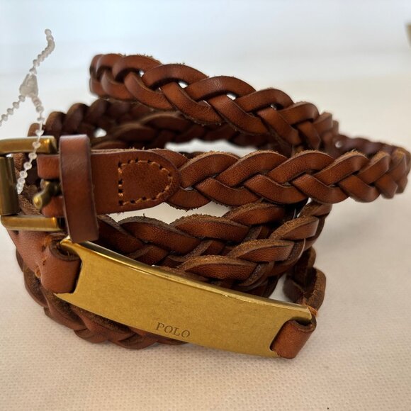 POLO RALPH LAUREN BRAIDED BROWN LEATHER DOUBLE WRAP BRASS BUCKLE ART DECO BELT - Picture 3 of 4